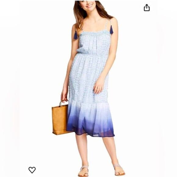 Knox Rose Dresses & Skirts - Knox Rose Boho Midi Dress Embroidered Cottage Tassel Tie Shoulder Blue Ombre XXL